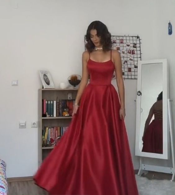 Vintage A Line Straps Floor Length Red Prom Dresses P1484