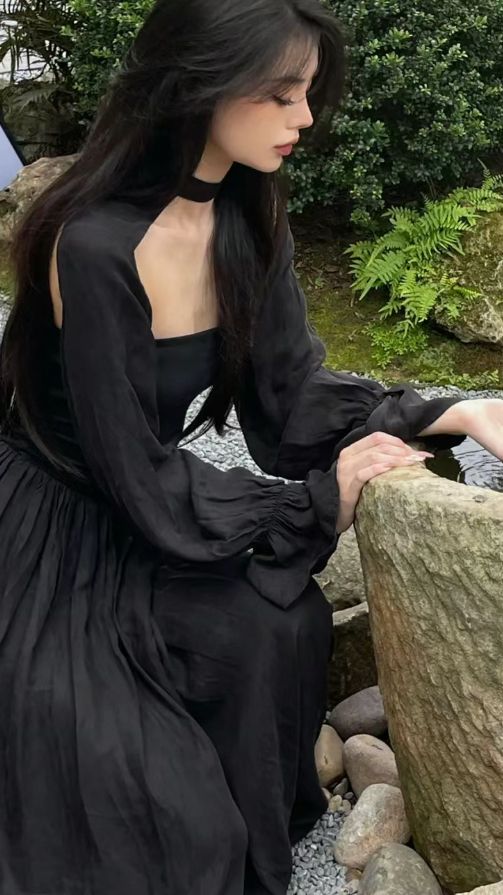 Vintage A line Long Sleeves Black Prom Dress P1547