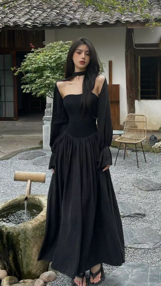 Vintage A line Long Sleeves Black Prom Dress P1547