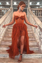 Rust Red Sweetheart High Low Tiered Prom Dress P1750