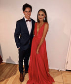 Elegant A line V Neckline Long Red Prom Dress 22th Birthday Outfits P2131