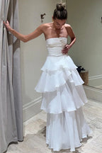 Vintage White Chiffon Strapless A-Line Tiered Prom Dress Party Dress Evening Dress TP4504