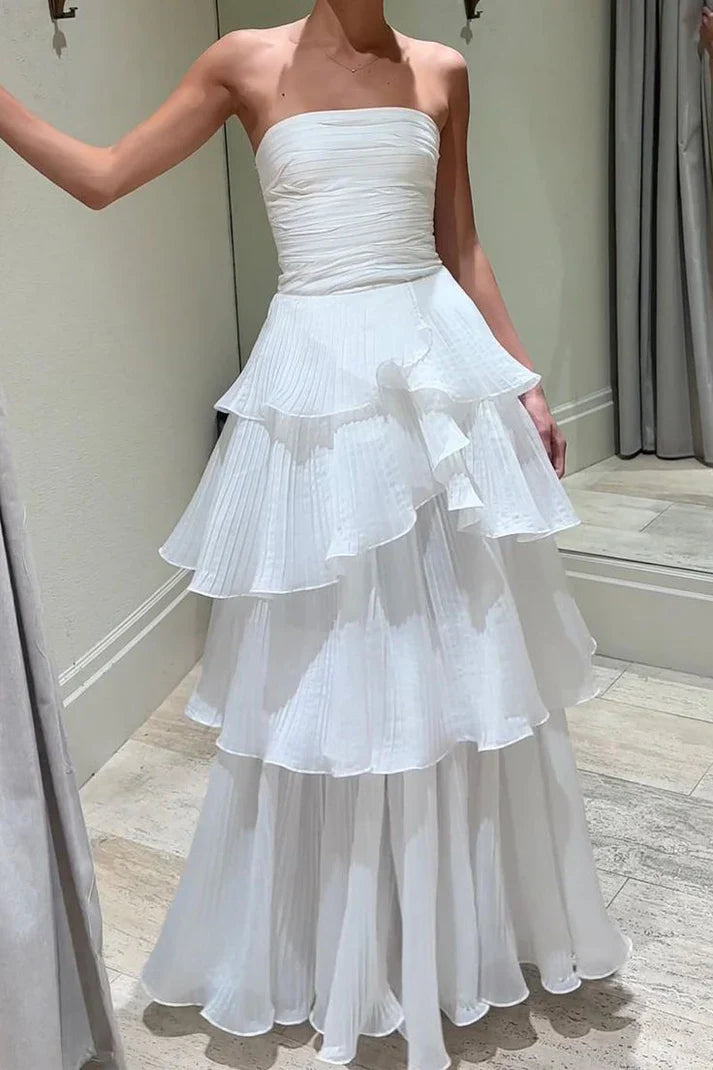 Vintage White Chiffon Strapless A-Line Tiered Prom Dress Party Dress Evening Dress TP4504