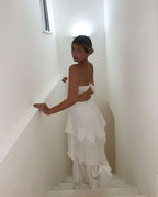 Elegant 2 Pieces Strapless Long White Tiered Prom Dress 21th Birthday Outfits P2146