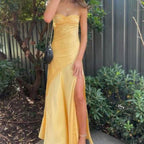 Sexy Mermaid Spaghetti Straps Sleeveless Party Dress Yellow Prom Dresses P2322