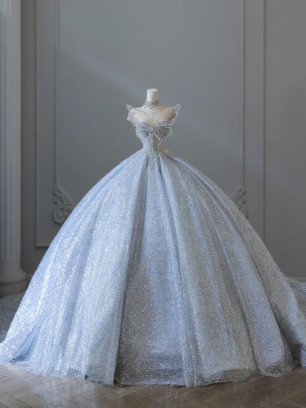 Dreamy Ice Crystal Blue Shiny Bowknot Floor-Length Wedding Dress P2545