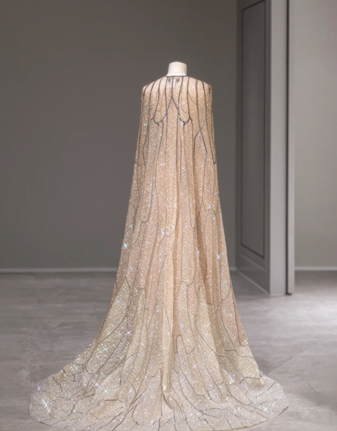 Starry Champagne Sequined Cape Fairy Wedding Dress P2882
