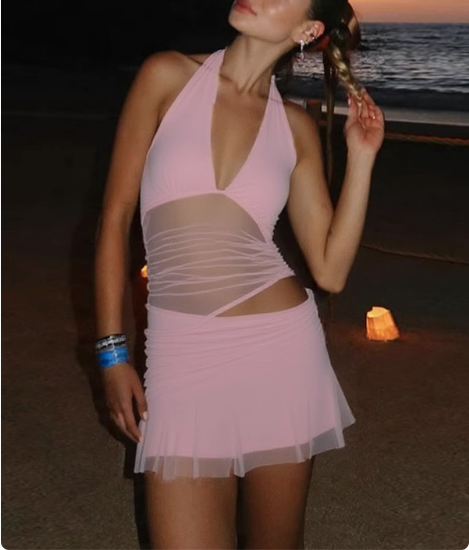 Sexy hot girl hollow mesh splicing deep V-neck strap halter neck backless homecoming dress P3241