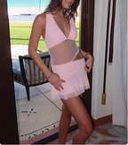 Sexy hot girl hollow mesh splicing deep V-neck strap halter neck backless homecoming dress P3241