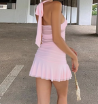 Sexy hot girl hollow mesh splicing deep V-neck strap halter neck backless homecoming dress P3241