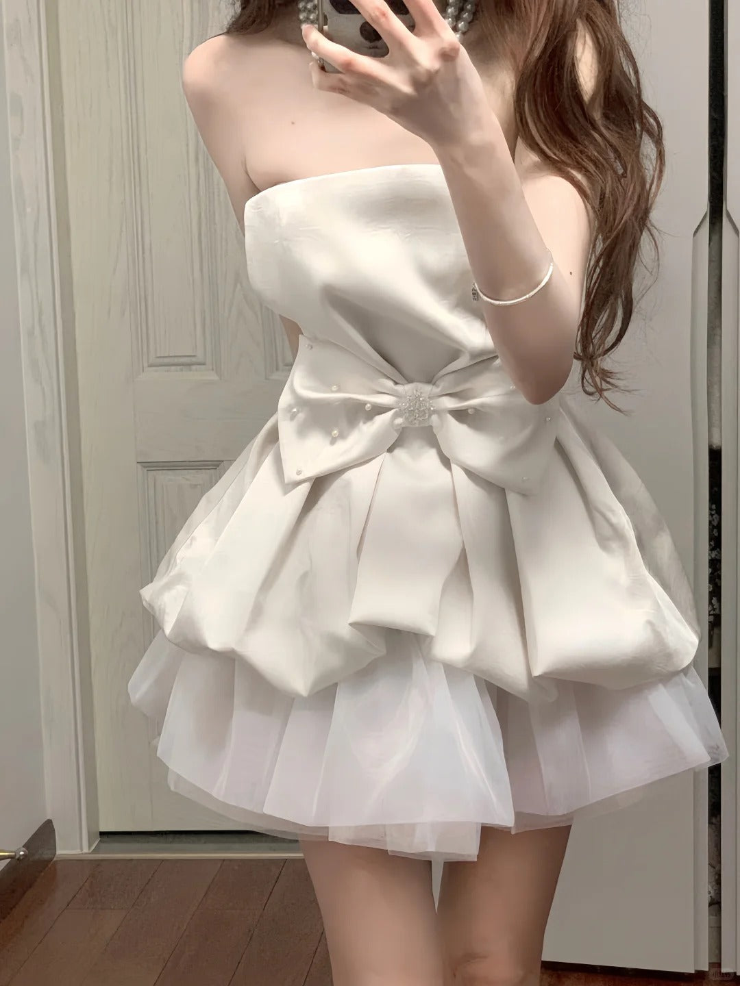 Cute White Strapless Bow Satin Tulle Mini 17th Birthday Homecoming Dress P3566