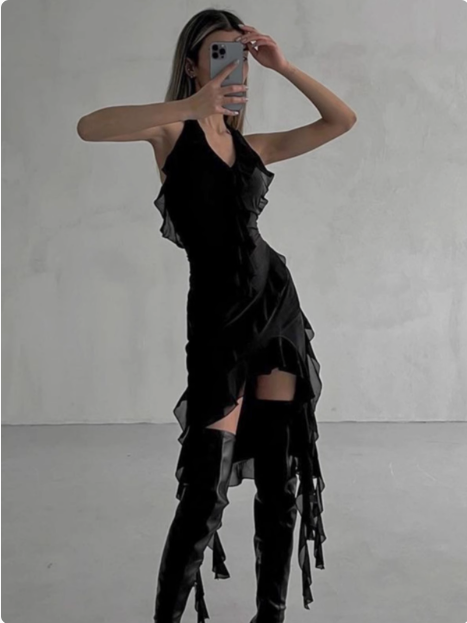 Irregular Ruffled Halterneck Chiffon Backless Homecoming Dress P3693