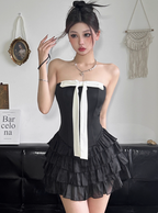 Sweet Black Tube Top Bowknot Herringbone Cake Skirt Party Dress Short