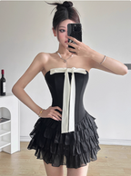 Sweet Black Tube Top Bowknot Herringbone Cake Skirt Party Dress Short