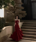 Stunning Mermaid Spaghetti Straps Long Wine Red Prom Dress Birthday Outfits P465