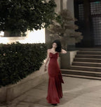 Stunning Mermaid Spaghetti Straps Long Wine Red Prom Dress Birthday Outfits P465