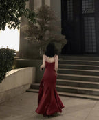 Stunning Mermaid Spaghetti Straps Long Wine Red Prom Dress Birthday Outfits P465