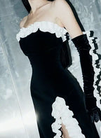 Vintage Sheath Strapless Sleeveless Black Slit Prom Dresses With Gloves P495