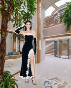 Vintage Sheath Strapless Sleeveless Black Slit Prom Dresses With Gloves P495