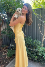 Sexy A line Spaghetti Straps Yellow Party Dress Slit Prom Dress P842