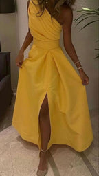 A line Sleeveless One Shoulder Yellow Prom Dress P971