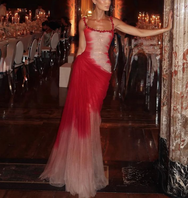 Charming Spaghetti Straps Ombre Red Tulle Beaded Mermaid Evening Dress Formal Long Party Gown D838