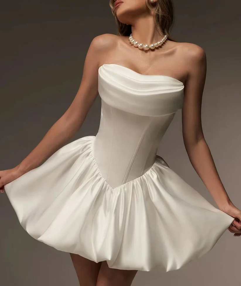 Pretty Strapless Satin A Line White Homecoming Dress Formal 20th Birthday Outfits D791
