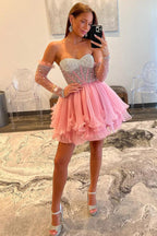 Pink Tulle Strapless Pleats Pearls Homecoming Dress