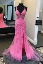Fitted Appliques Long Prom Dress with Slit Open Back