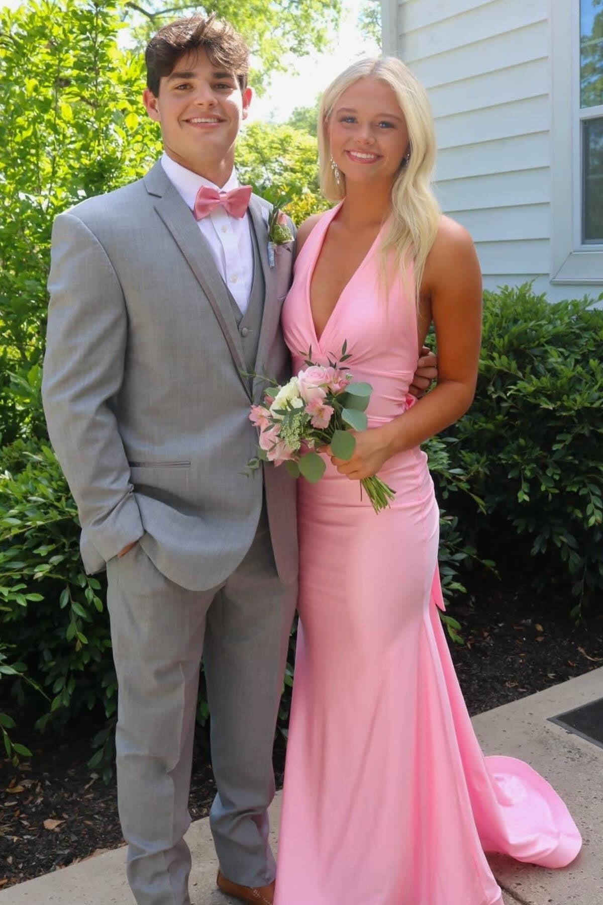 Beautiful Plunge Neck Pink Open Back Mermaid Long Dress