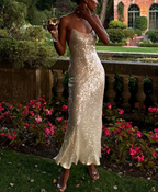 Shiny Champagne Spaghetti Straps Sequin Mermaid Party Dress Long Wedding Guest Dress D1168