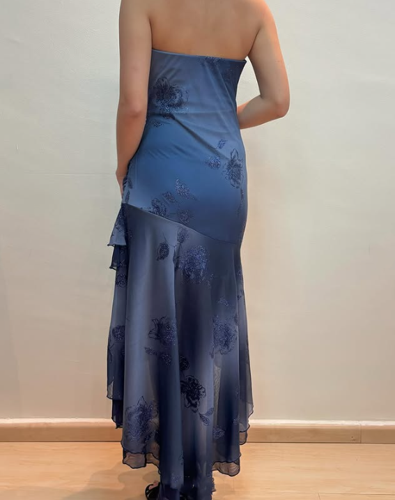 (out of stock)Blue shiny fashion exquisite off-shoulder long sequined chiffon ruffled ball gown evening dress party dress gh3390