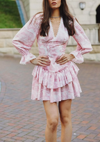 uschichubs-Pink floral long sleeves fashion sweet short chiffon backless homecoming dress birthday dress gh5272
