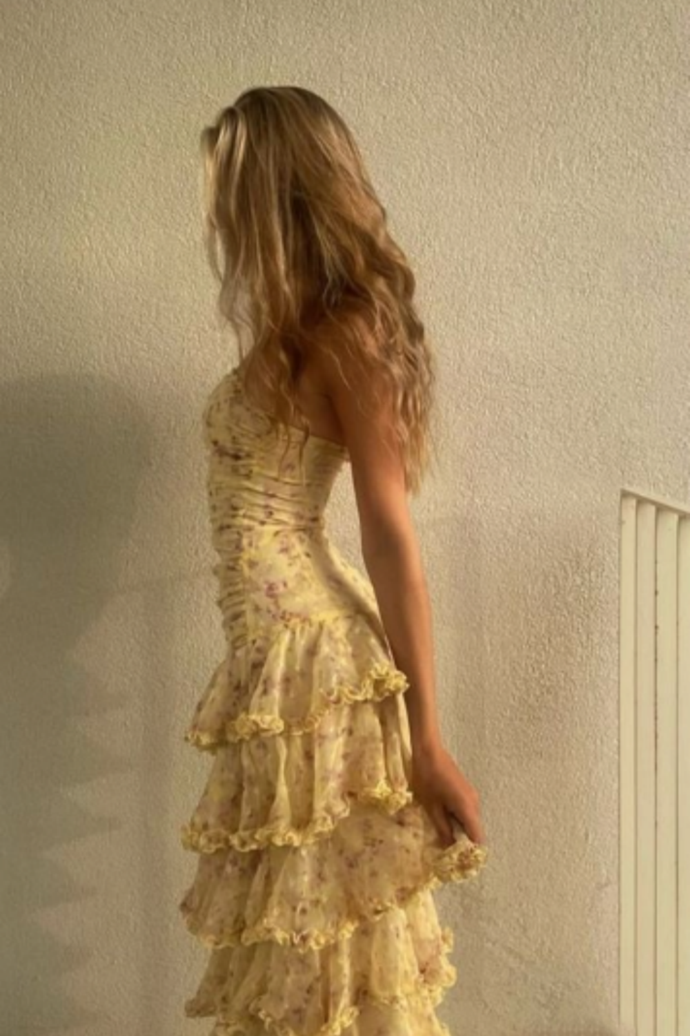 (Dress fabrics are out of stock, only other floral fabrics can be made)uschichubs-Yellow floral long chiffon party dress wedding guest dress gh5202