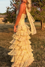 (Dress fabrics are out of stock, only other floral fabrics can be made)uschichubs-Yellow floral long chiffon party dress wedding guest dress gh5202
