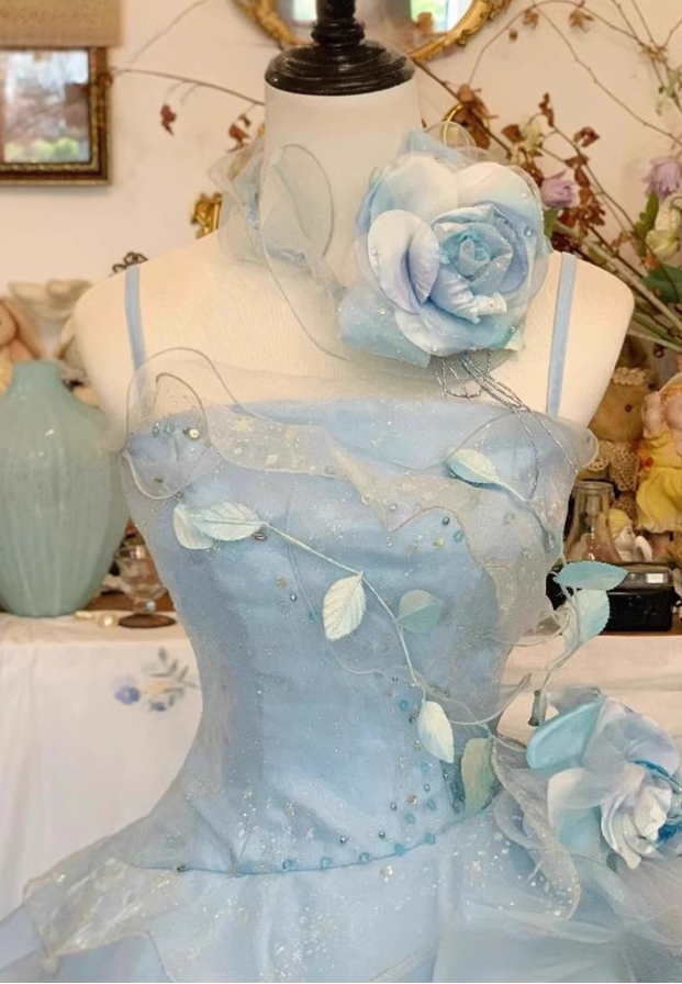 Vintage Sky Blue Spaghetti Strap Sweet 16 Quinceanera A-Line Floor-length Tiered Prom Dress Birthday Dress Evening Dress Ball Gown TP4842