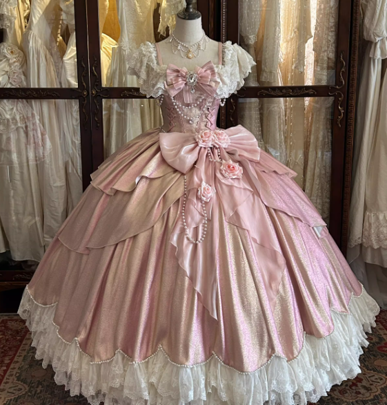 Glamorous Pink Shimmer Lolita Ball Gown – Vintage-Inspired Lace & Pearl Embellished Princess Dress with Floral Bow Accents TP5067