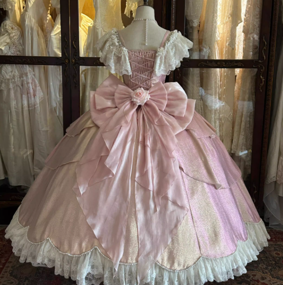 Glamorous Pink Shimmer Lolita Ball Gown – Vintage-Inspired Lace & Pearl Embellished Princess Dress with Floral Bow Accents TP5067