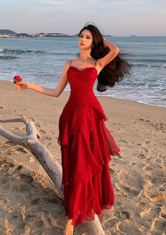 Vintage Red Sweetheart A-Line Evening Gown Spaghetti Strap Chiffon Tiered Prom Dress TP5144