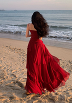 Vintage Red Sweetheart A-Line Evening Gown Spaghetti Strap Chiffon Tiered Prom Dress TP5144