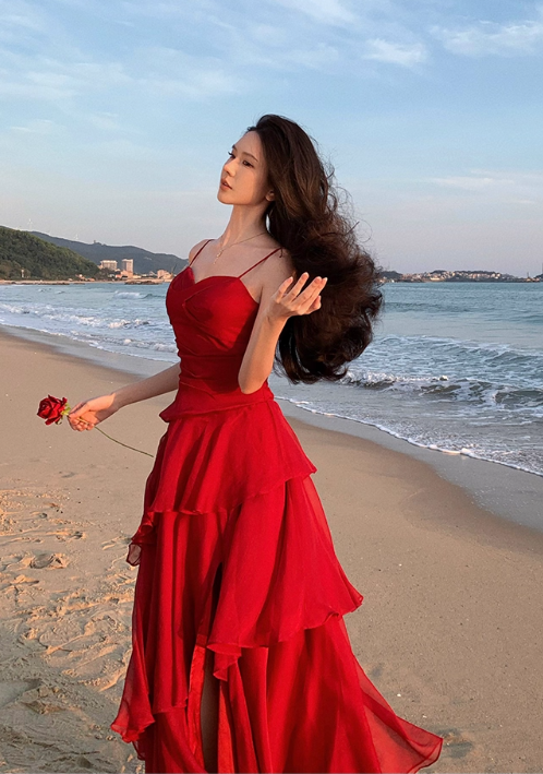 Vintage Red Sweetheart A-Line Evening Gown Spaghetti Strap Chiffon Tiered Prom Dress TP5144