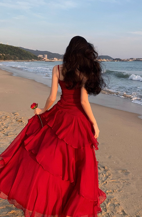 Vintage Red Sweetheart A-Line Evening Gown Spaghetti Strap Chiffon Tiered Prom Dress TP5144