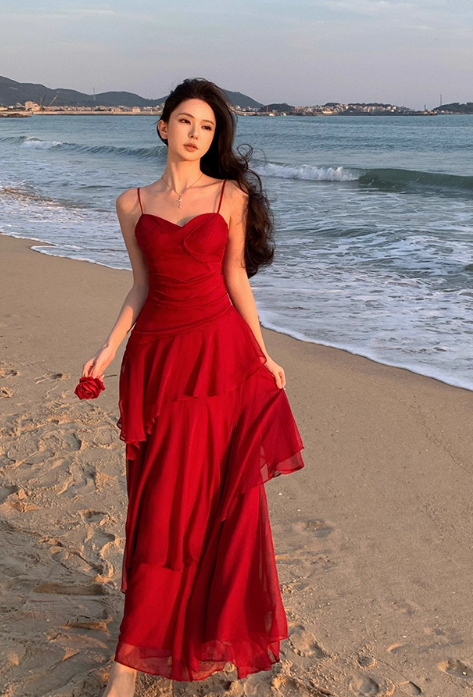 Vintage Red Sweetheart A-Line Evening Gown Spaghetti Strap Chiffon Tiered Prom Dress TP5144
