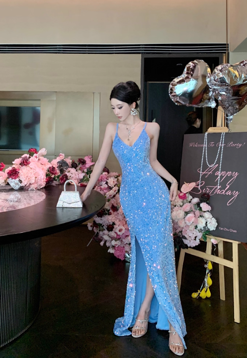Vintage Sky Blue V-Neck Sequin Evening Gown Sheath Slit Prom Dress TP5145