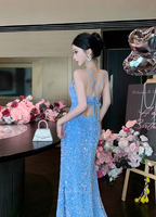 Vintage Sky Blue V-Neck Sequin Evening Gown Sheath Slit Prom Dress TP5145