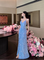Vintage Sky Blue V-Neck Sequin Evening Gown Sheath Slit Prom Dress TP5145