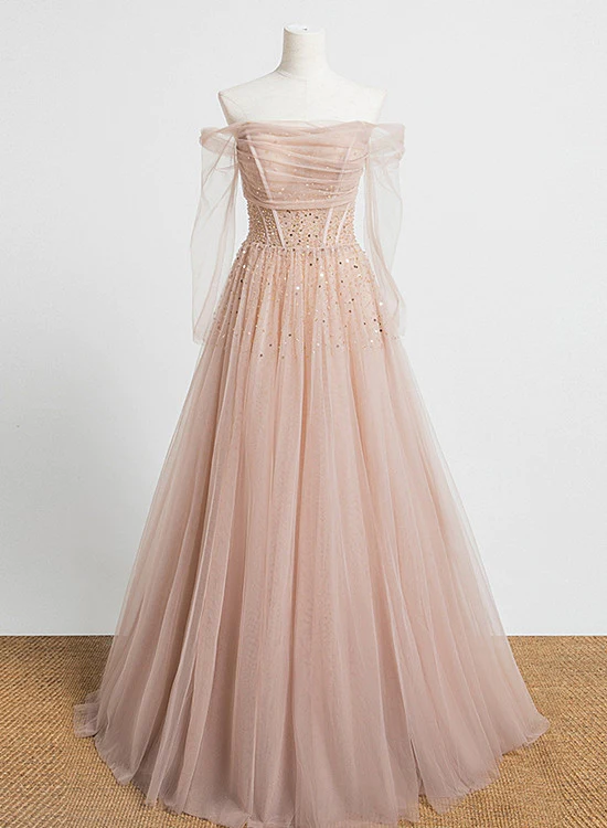 Pearl Pink Off Shoulder Long Sleeves Sequins Prom Dress, A-Line Party Dress Formal Dress  gh228
