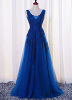 Elegant Blue Lace Applique Long Party Dress, Blue Prom Dress  gh381
