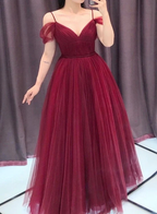 Wine Red Straps Off Shoulder A-Line Tulle Evening Dress Party Dress, Dark Red Prom Dress Formal Gown gh84