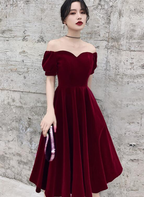 Wine Red Short Velvet Evening Dresses, Off Shoulder Prom Dresses Bridesmaid Dress  gh233